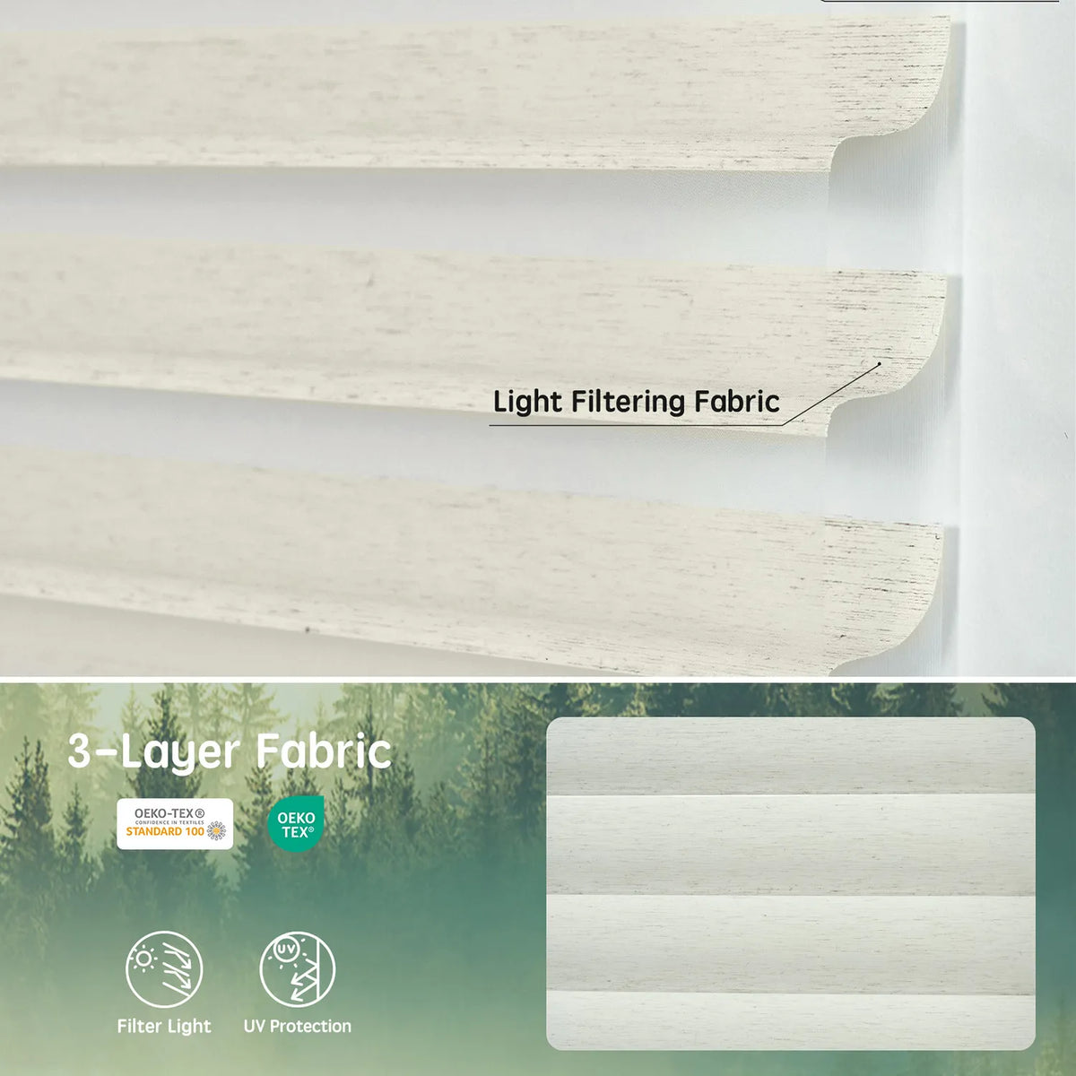 Texture linen 75mm 3-layer light-filtering sheer fabric, offering soft light, UV protection, and certified safety.