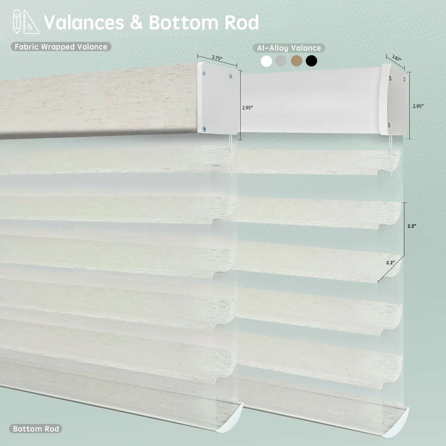 Horizontal sheer shades with texture linen fabric-wrapped or aluminum valance options, featuring bottom rods for a clean, structured finish.