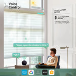 Texture linen 75mm horizontal sheer shades with voice control, compatible with Alexa, Google Home, Apple HomeKit, and more.