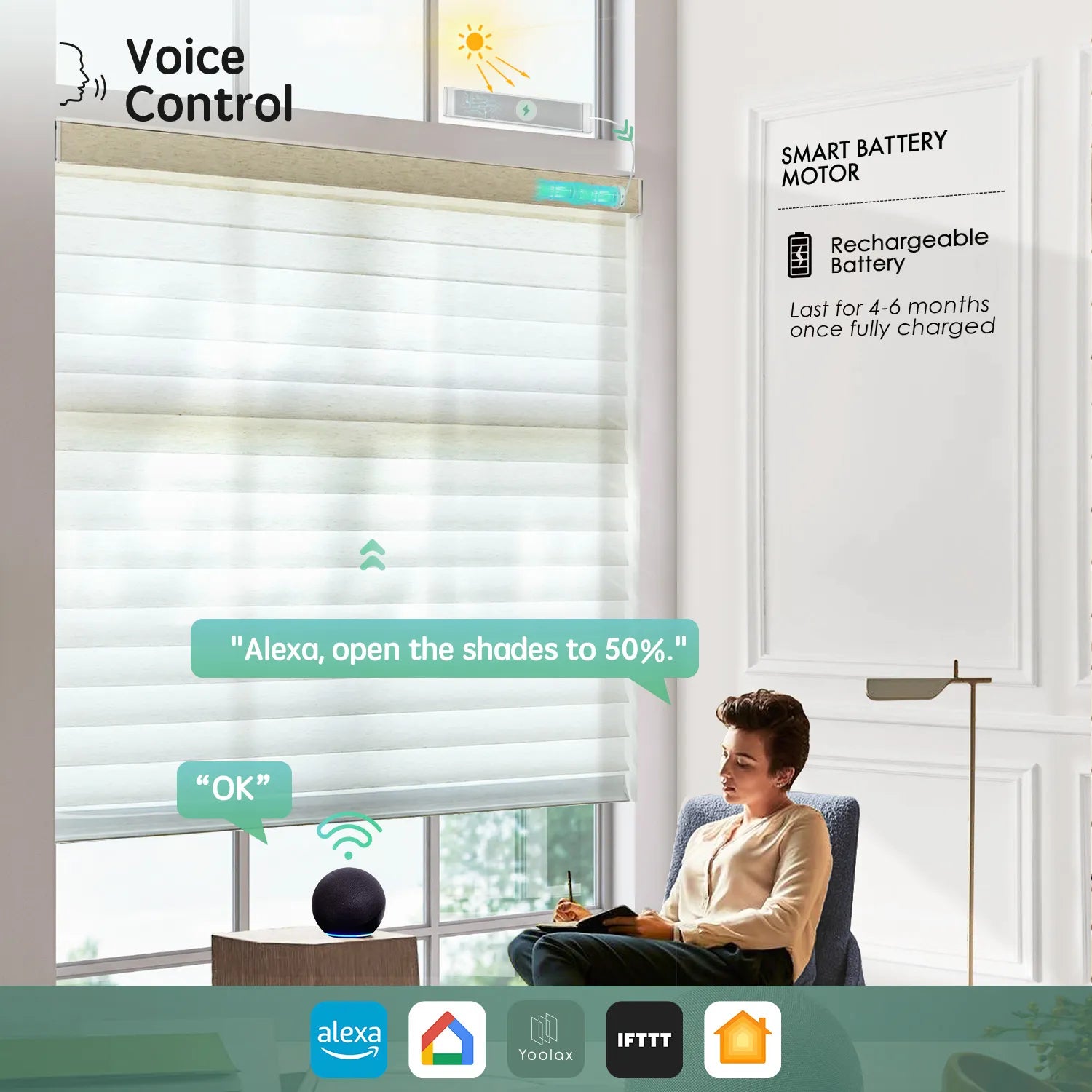 Texture linen 75mm horizontal sheer shades with voice control, compatible with Alexa, Google Home, Apple HomeKit, and more.