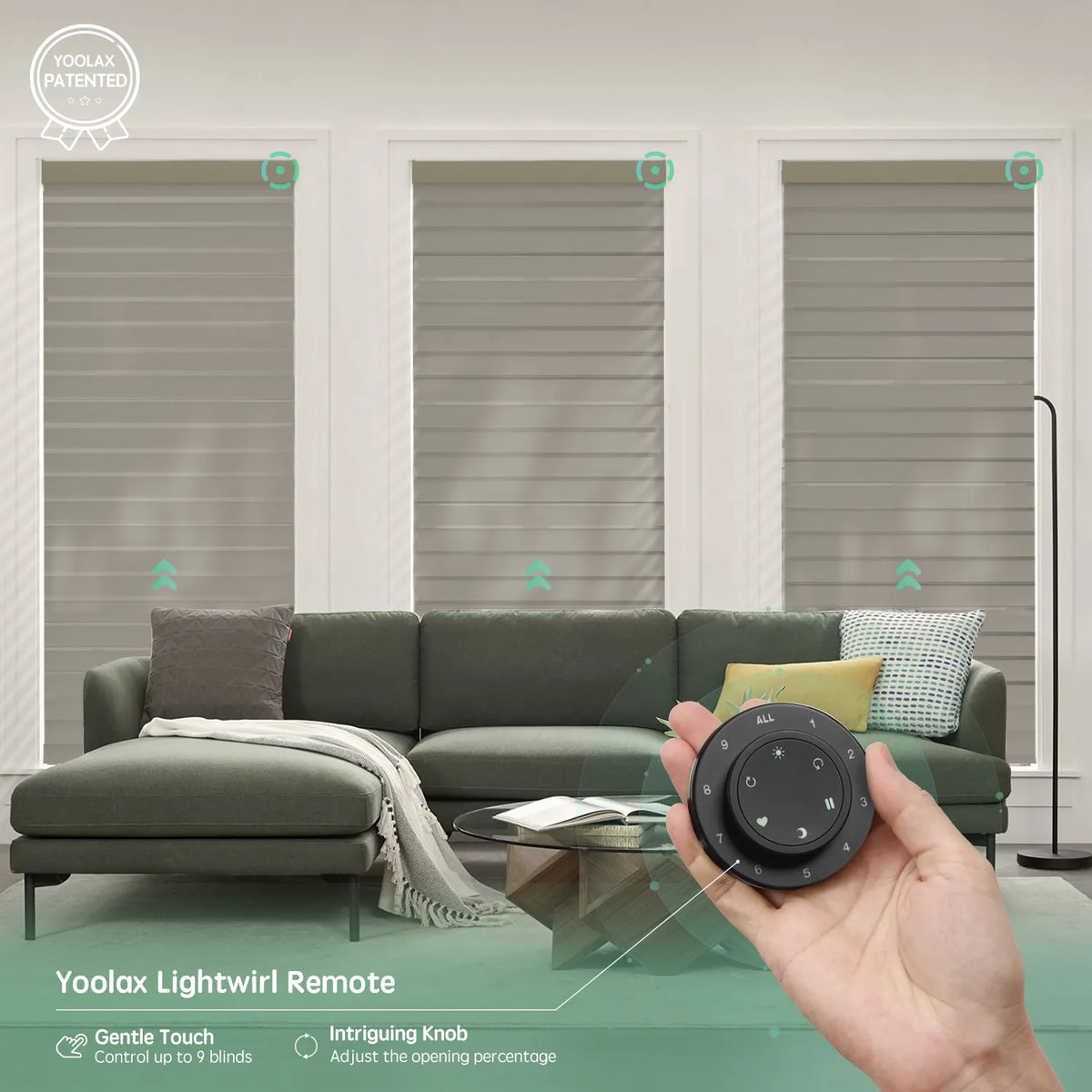 Walnut brown 75mm sheer shades with remote control, supporting up to 16 shades simultaneously.
