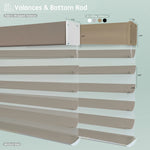 Horizontal sheer shades with walnut brown fabric-wrapped or aluminum valance options, featuring bottom rods for a clean, structured finish.