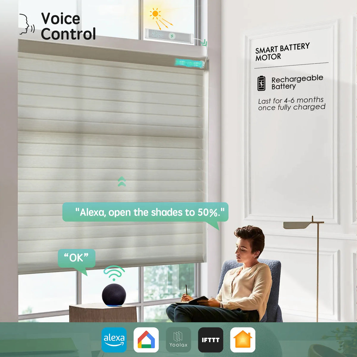 Walnut brown 75mm sheer shades with voice control, compatible with Alexa, Google Home, Apple HomeKit, and more.