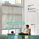 Walnut brown 75mm sheer shades with voice control, compatible with Alexa, Google Home, Apple HomeKit, and more.