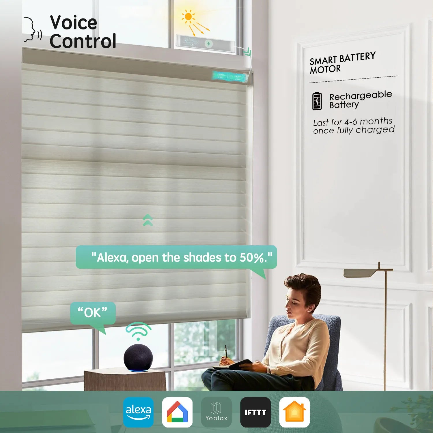 Walnut brown 75mm sheer shades with voice control, compatible with Alexa, Google Home, Apple HomeKit, and more.