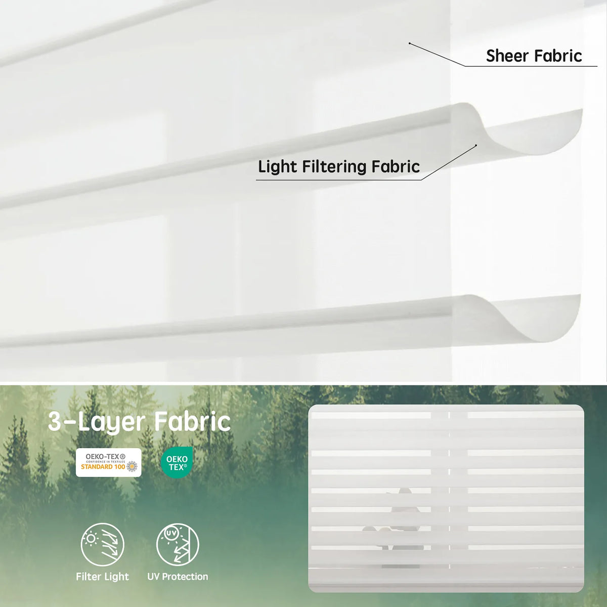 White 75mm 3-layer light-filtering sheer fabric, combining soft light diffusion, UV protection, and certified safe materials.