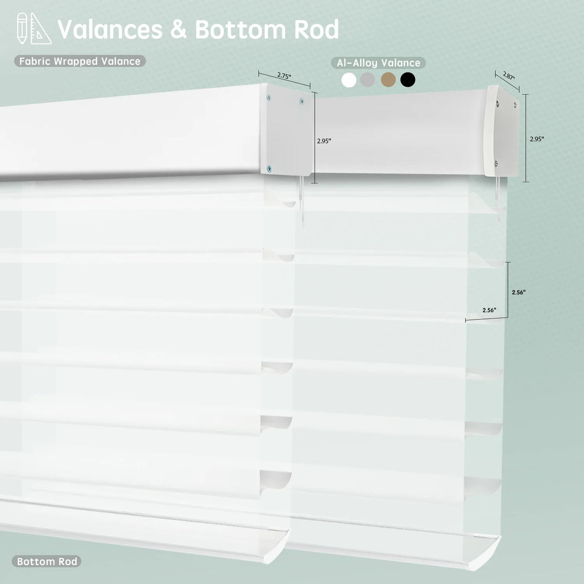 Horizontal sheer shades with white fabric-wrapped and aluminum valance options, featuring bottom rods for clean, structured finish.