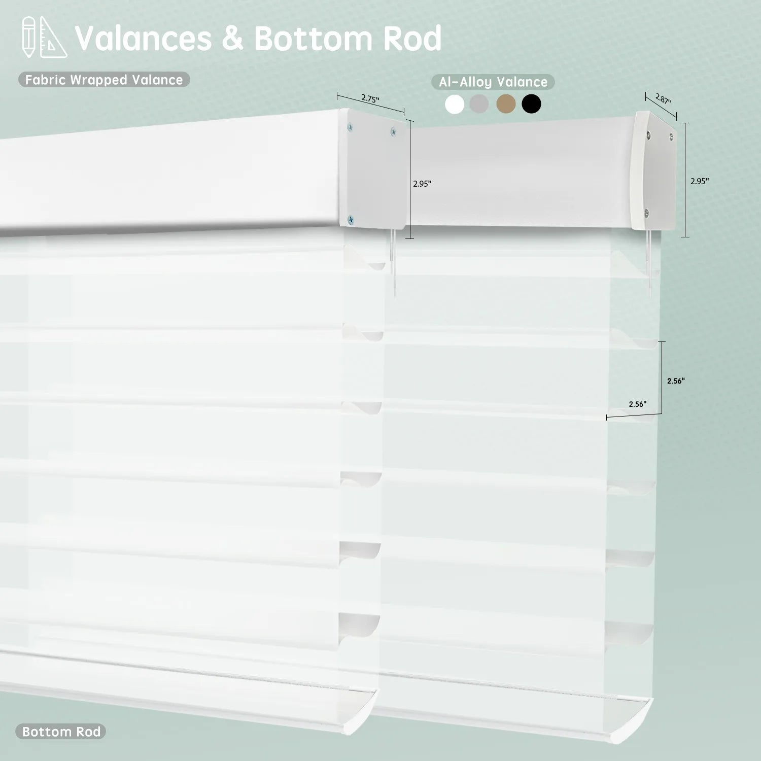 Horizontal sheer shades with white fabric-wrapped and aluminum valance options, featuring bottom rods for clean, structured finish.