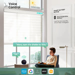 White 75mm horizontal sheer shades with voice control, seamlessly working with Alexa, Google Home, and HomeKit and more.