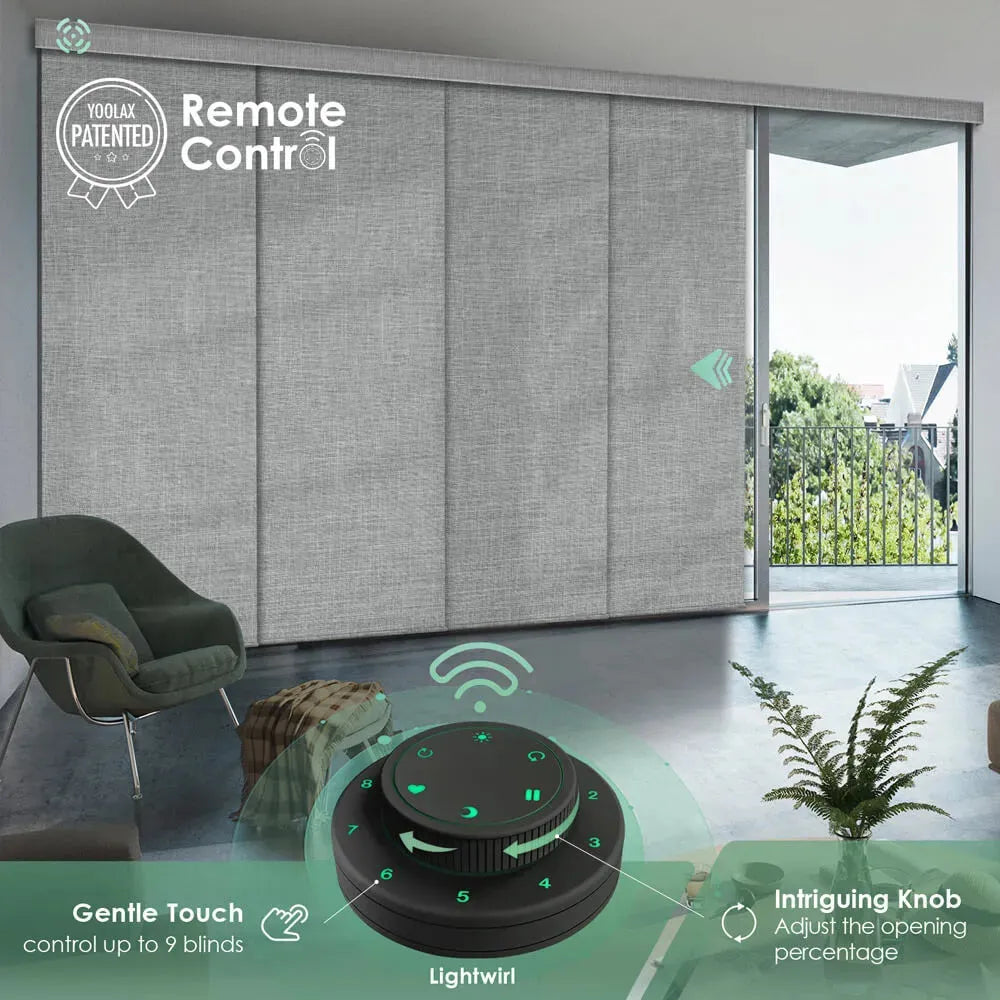 Yoolax lightwirl remote with intuitive knob design, controlling up to 9 blinds and adjusting their opening range.