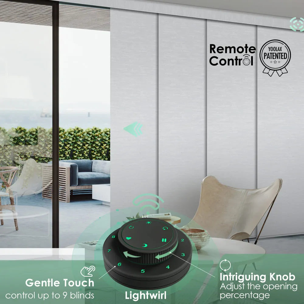 Yoolax lightwirl remote with intuitive knob design, controlling up to 9 panel track blinds and adjusting their opening range.
