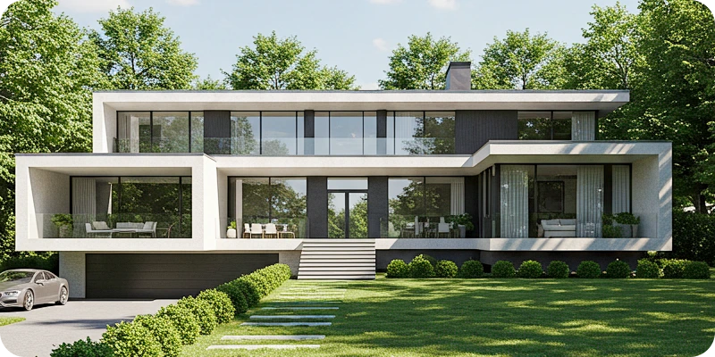 Modern house with motorized blinds surrounded by trees and a clear sky