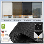 Solar shade fabrics with 1%, 3%, 5%, and 14% openness, plus a close-up of waterproof, flame-retardant certified mesh material.