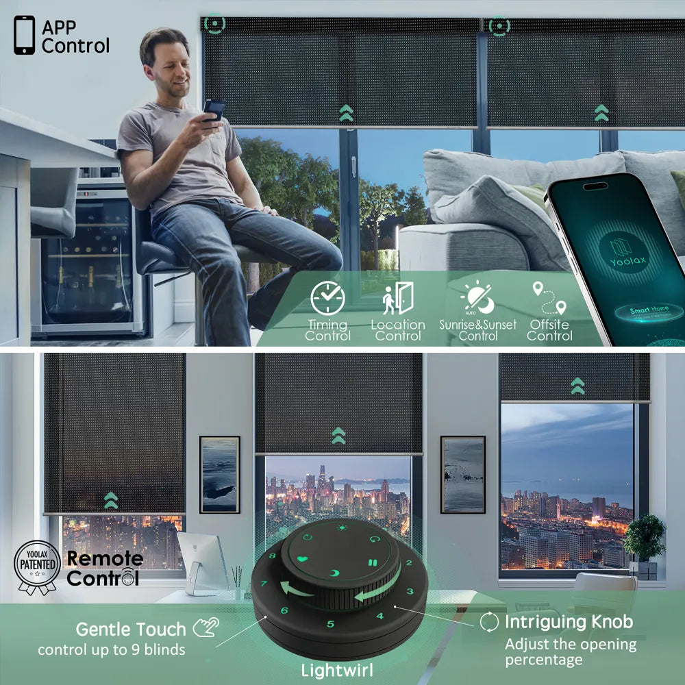 Motorized 14% Openness solar shades with voice control, app control, and timer functions.