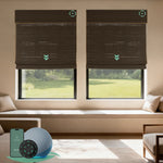 Motorized bamboo roman shades in cocoa, offering natural texture and elegant light control.
