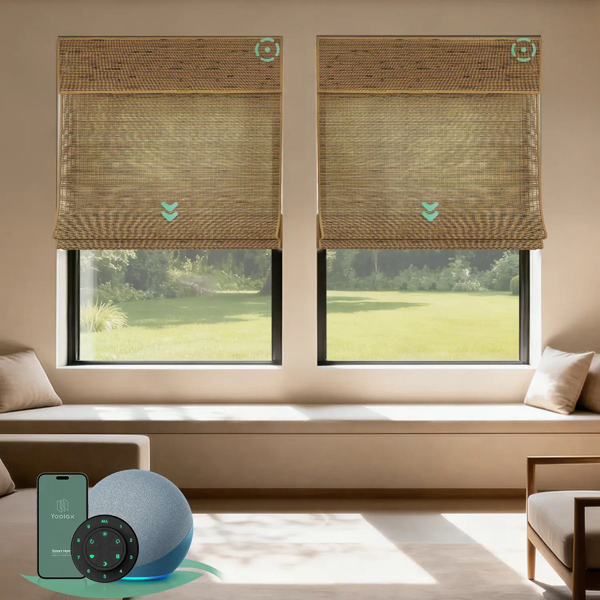 Motorized bamboo roman shades in irregular texture brown, offering natural texture and elegant light control.