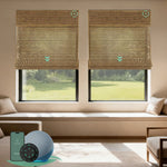 Motorized bamboo roman shades in irregular texture brown, offering natural texture and elegant light control.