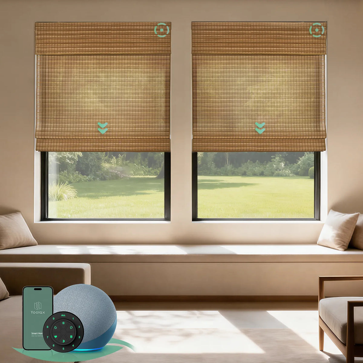 Motorized bamboo roman shades in wide light brown, offering natural texture and elegant light control.