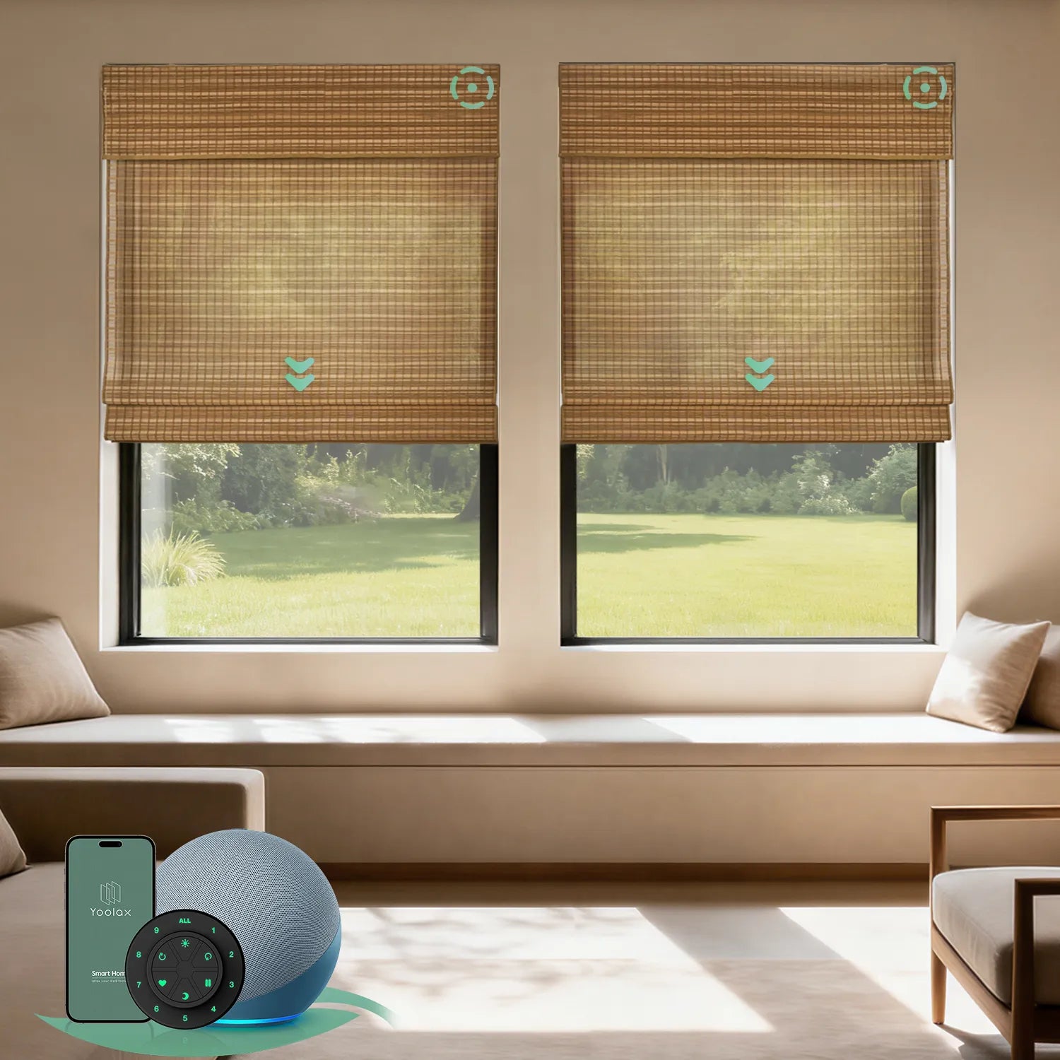 Motorized bamboo roman shades in wide light brown, offering natural texture and elegant light control.