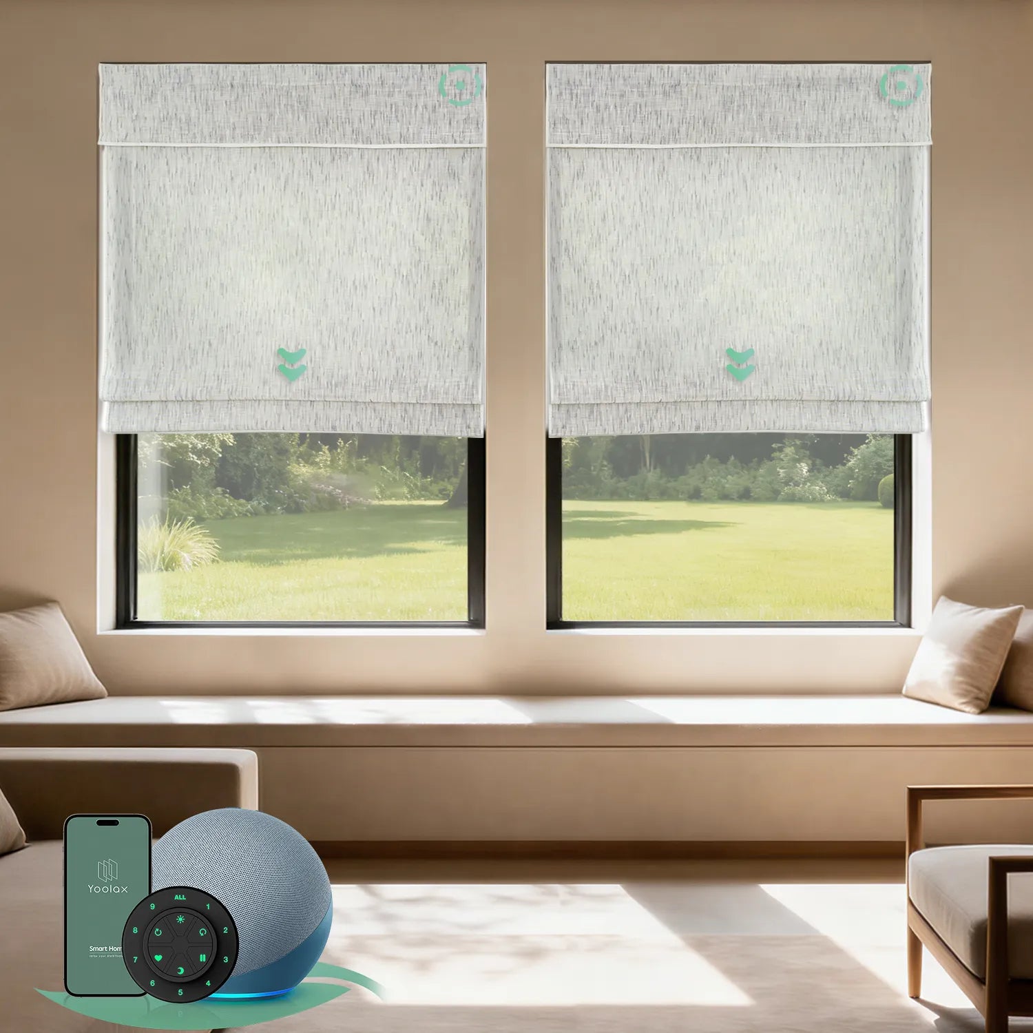 Motorized bamboo roman shades in woven flake white, offering natural texture and elegant light control.