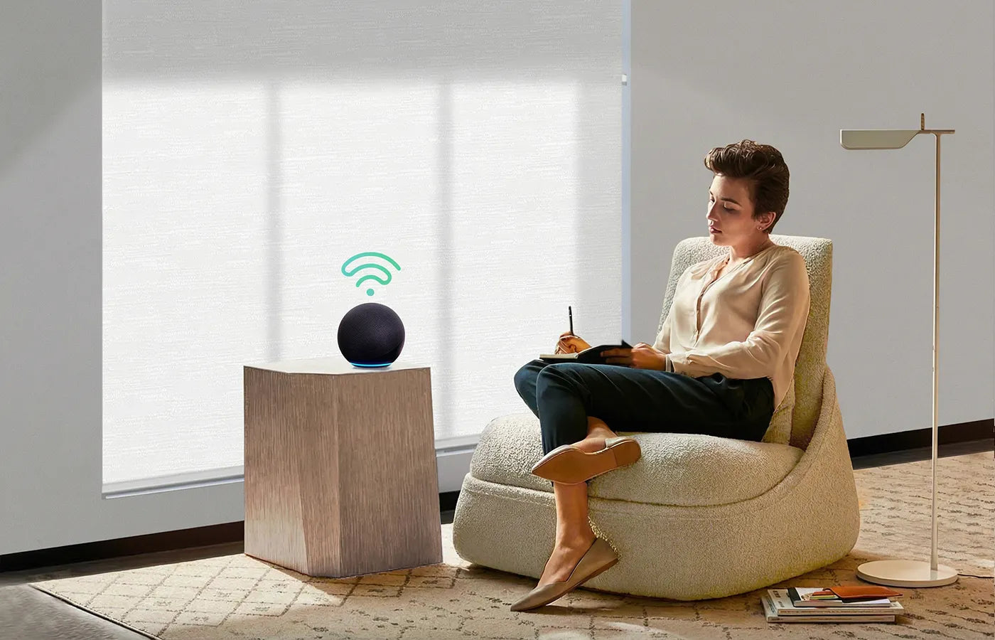 Smart dual roller shades support Alexa, Google Home, and HomeKit, enabling voice or app control with automated opening and closing for easy hands-free light control.