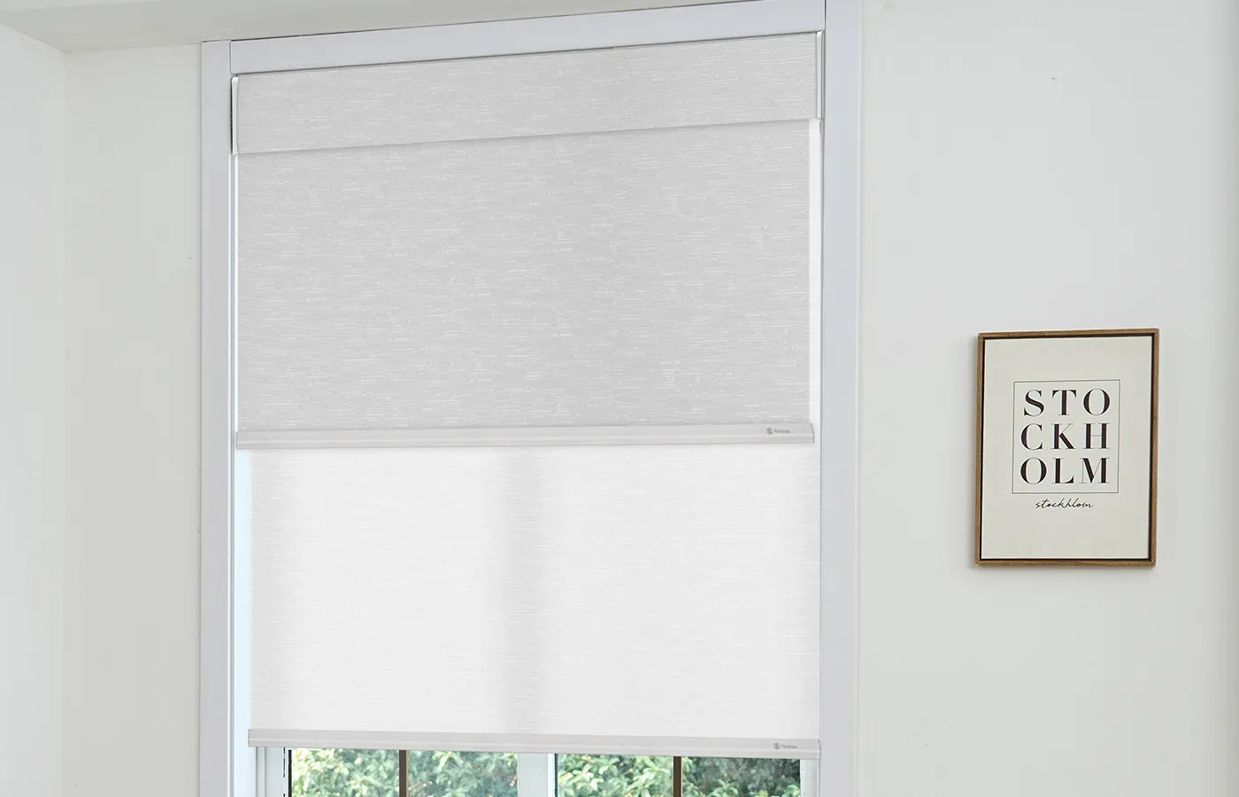 Custom-sized dual-layer shade with a streamlined design, featuring two aligned fabric layers for a clean look and versatile fit across different rooms and installation styles.