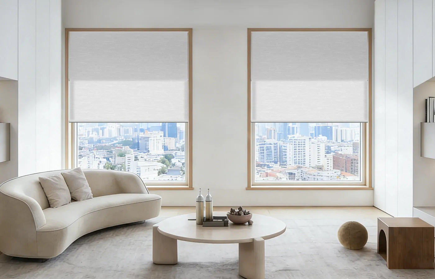 Motorized dual shades combine blackout and light-filtering fabrics with remote, app, and voice control, delivering quiet smart operation, flexible light control, and enhanced privacy.