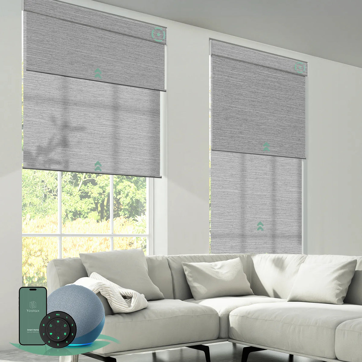 Motorized dual roller shades in foggy grey combining blackout and light-filtering fabrics with smart control.