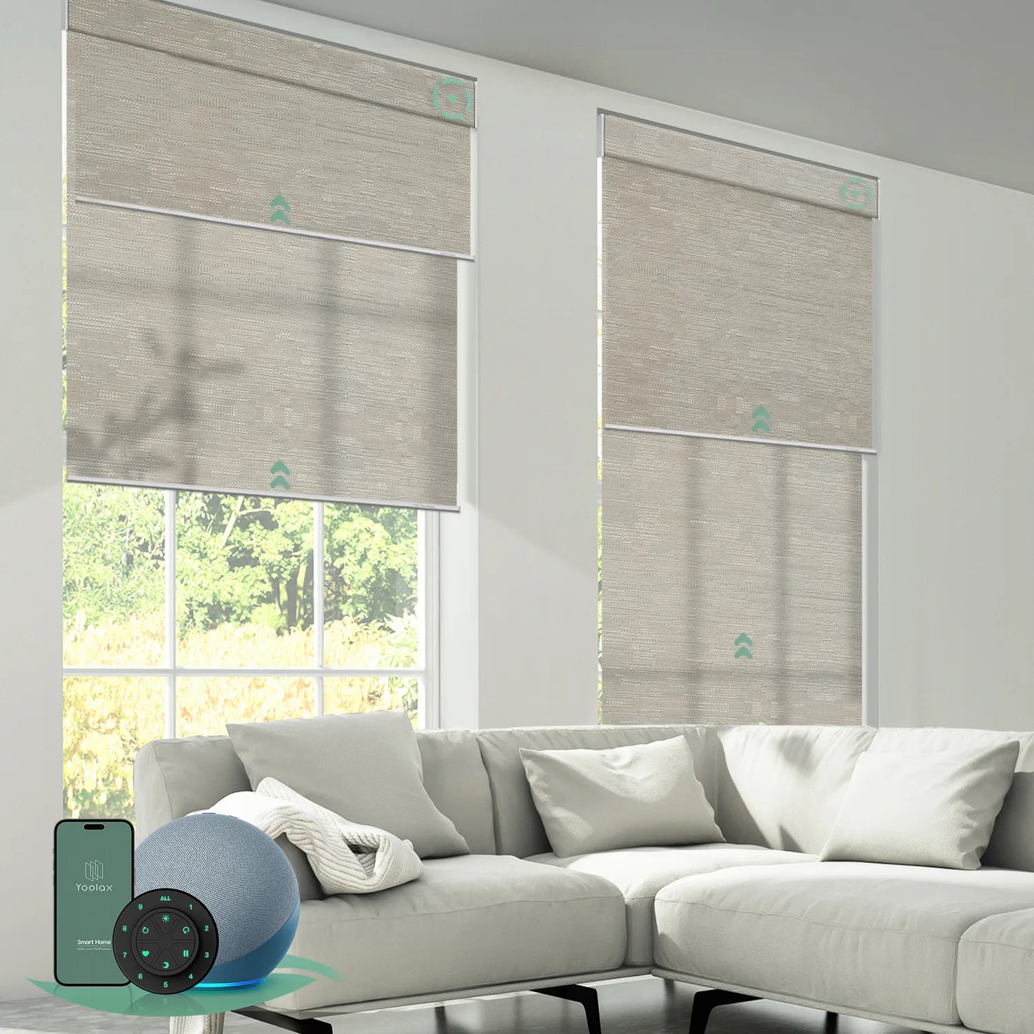 Motorized dual roller shades in jacquard coffee combining blackout and light-filtering fabrics with smart control.