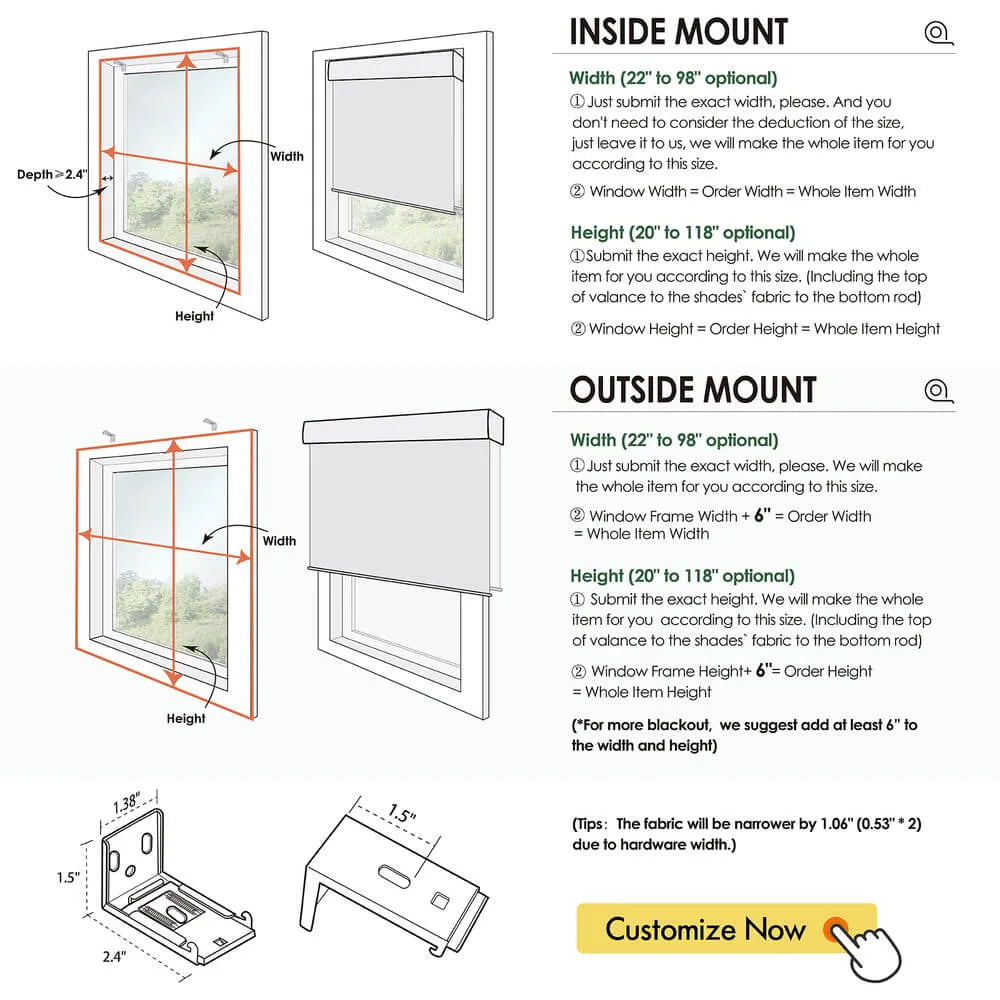 Measurement diagram for motorized dual window shades illustrating inside mount and outside mount width and height measuring instructions.