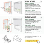 Measurement diagram for motorized dual window shades illustrating inside mount and outside mount width and height measuring instructions.