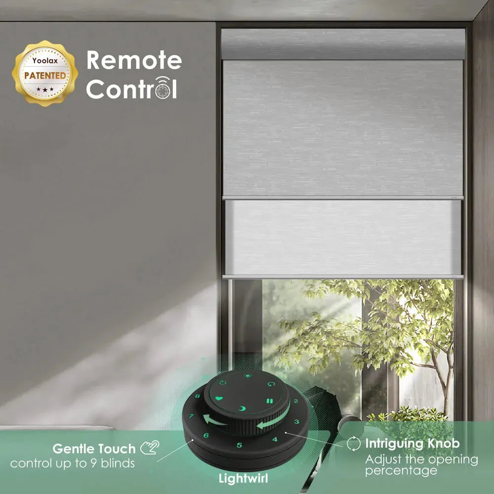 Yoolax Lightwirl remote controls up to 9 shades with touch operation and a rotary knob for smooth, accurate shade adjustment.