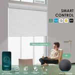Motorized dual shades controlled by voice, mobile app, and automated scenes with customizable settings.