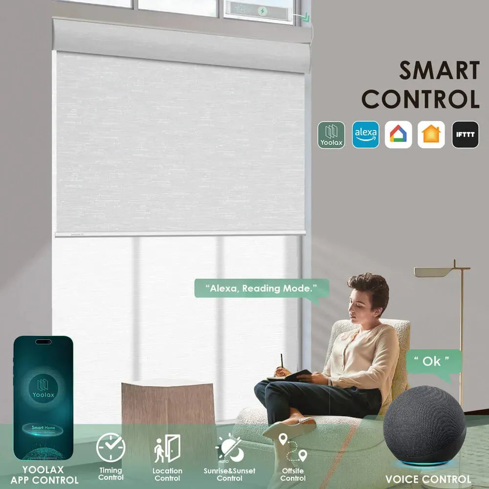Motorized dual shades controlled by voice, mobile app, and automated scenes with customizable settings.