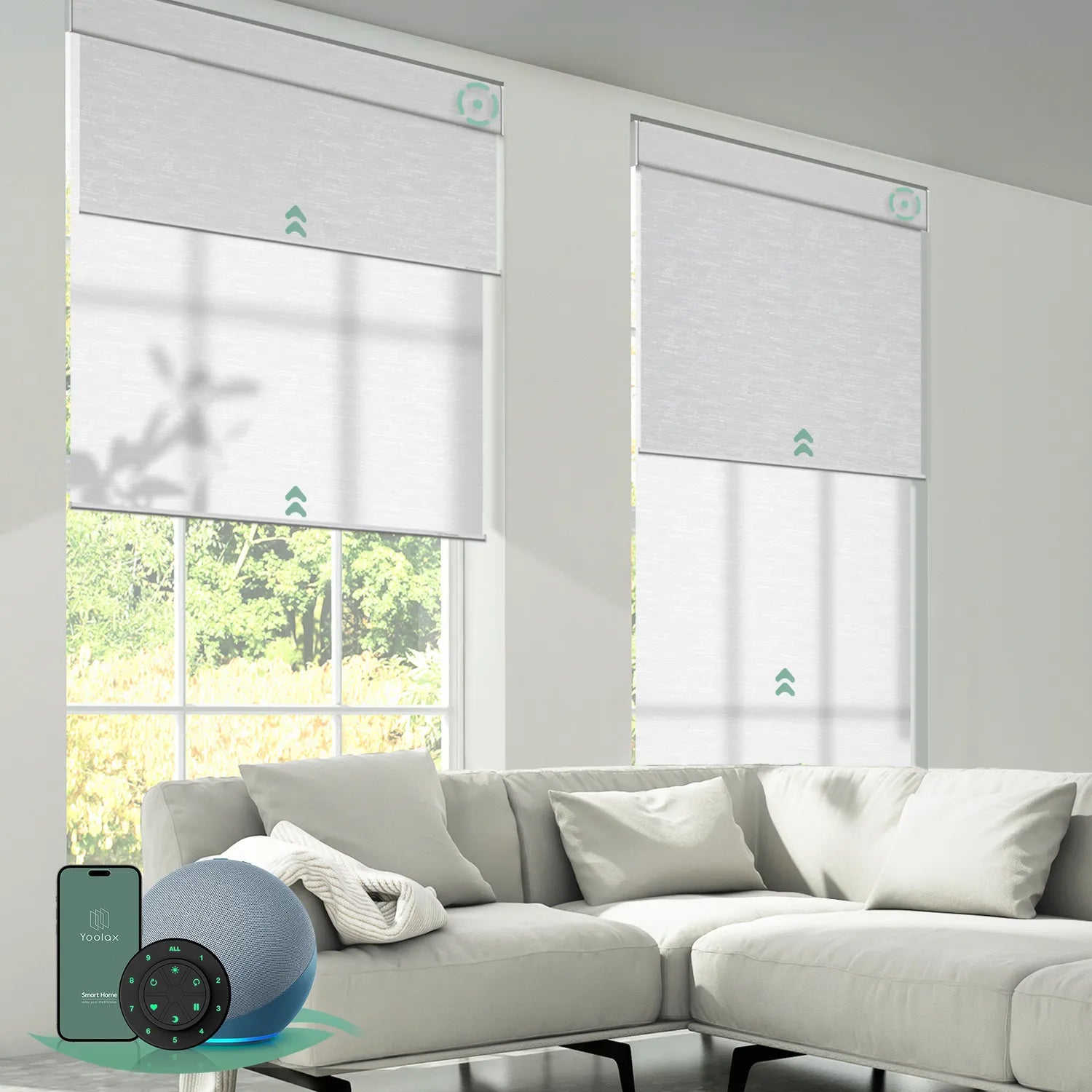 Motorized dual roller shades in jacquard white combining blackout and light-filtering fabrics with smart control.