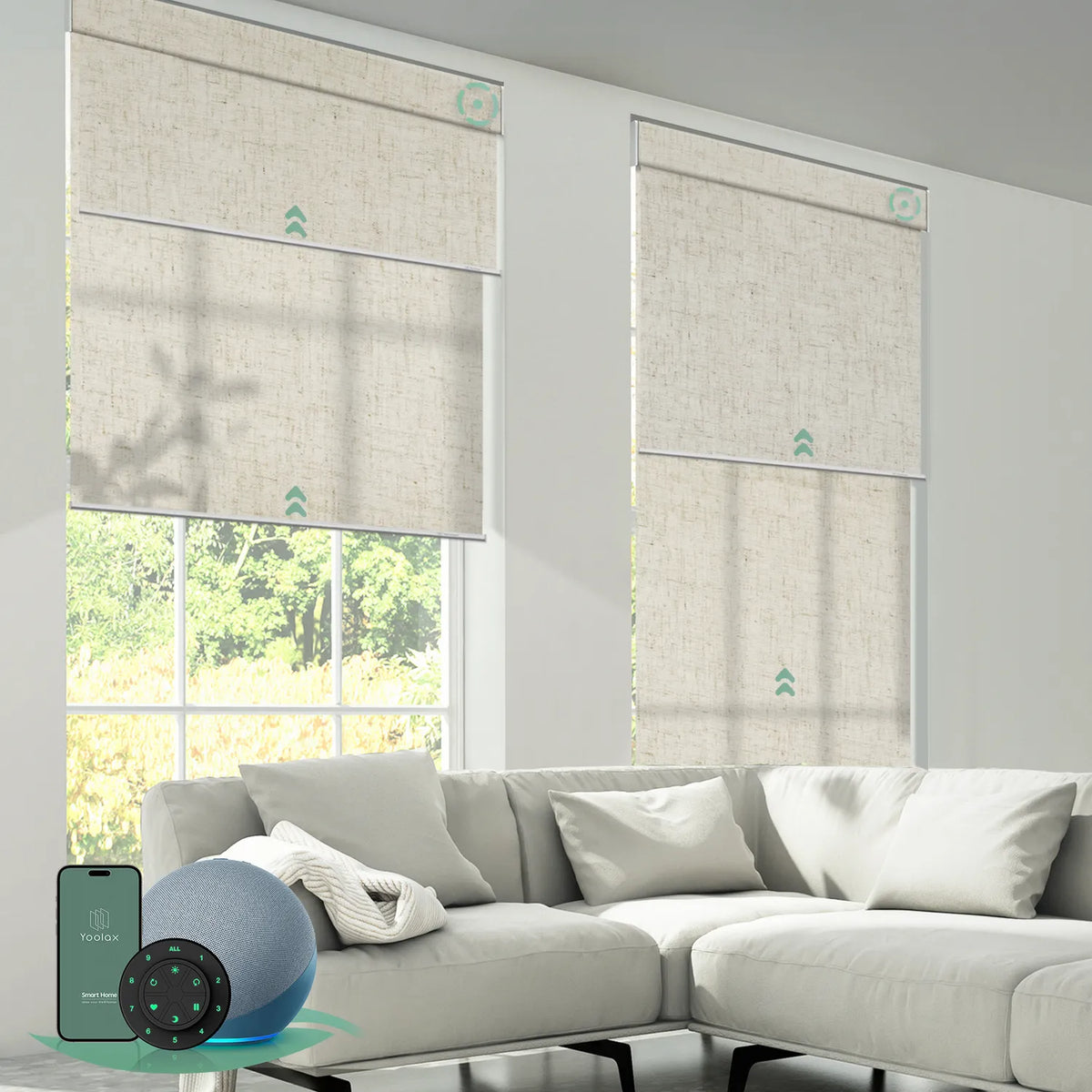 Motorized dual roller shades in linen beige combining blackout and light-filtering fabrics with smart control.