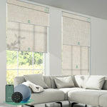 Motorized dual roller shades in linen beige combining blackout and light-filtering fabrics with smart control.