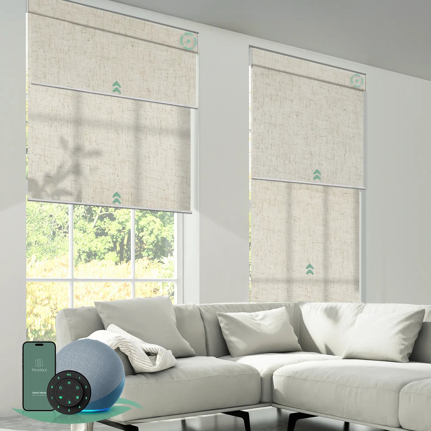 Motorized dual roller shades in linen beige combining blackout and light-filtering fabrics with smart control.