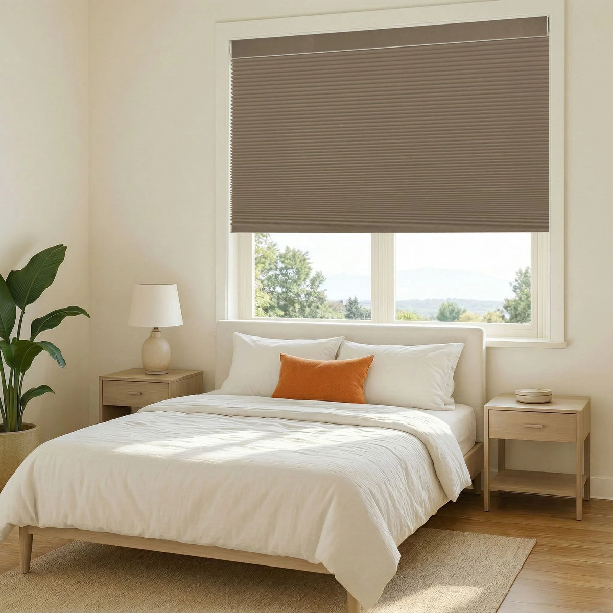 Motorized blackout cellular shades in brown color for bedroom