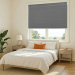 Motorized blackout cellular shades in dark gray color for bedroom