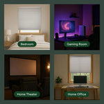 Motorized cellular shades in bedroom, gaming room, home theater and home office settings