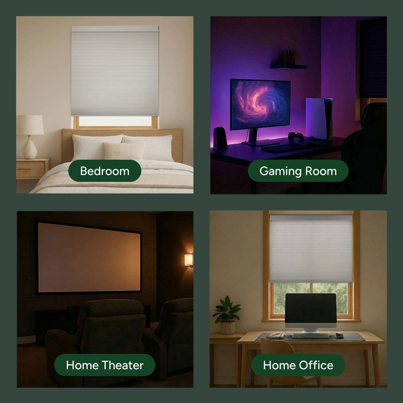 Motorized cellular shades in bedroom, gaming room, home theater and home office settings