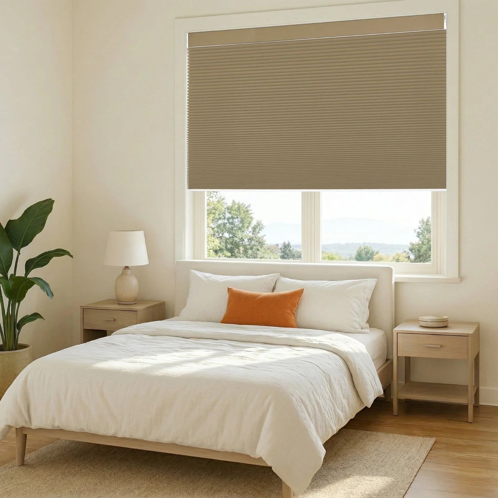 Motorized blackout cellular shades in light coffee color for bedroom