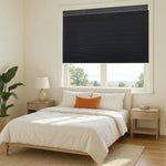 Motorized blackout cellular shades in noir color for bedroom
