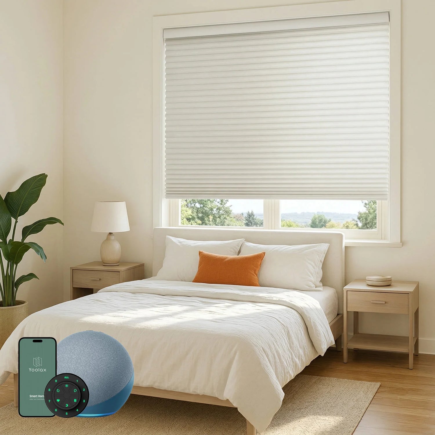 Motorized blackout cellular shades in pearl color for bedroom