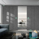 Motorized blackout panel track blinds in fabric dark grey with hardwired motor, ideal for sliding doors and wide windows.