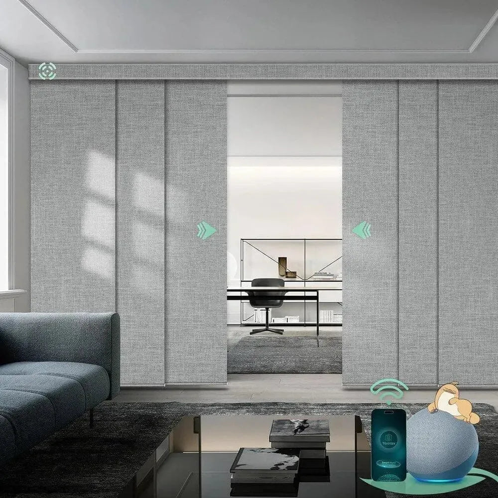 Motorized blackout panel track blinds in fabric smoky grey with hardwired motor, ideal for sliding doors and wide windows.