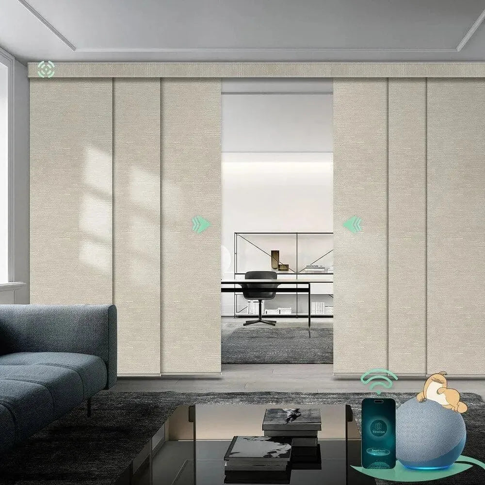 Motorized blackout panel track blinds in jacquard coffee with hardwired motor, ideal for sliding doors and wide windows.