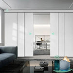 Motorized blackout panel track blinds in jacquard white with hardwired motor, ideal for sliding doors and wide windows.