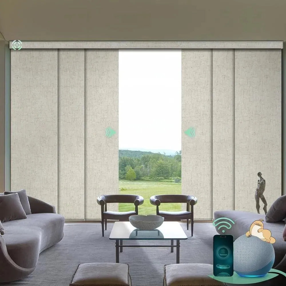 Motorized blackout panel track blinds in linen beige with hardwired motor, ideal for sliding doors and wide windows.